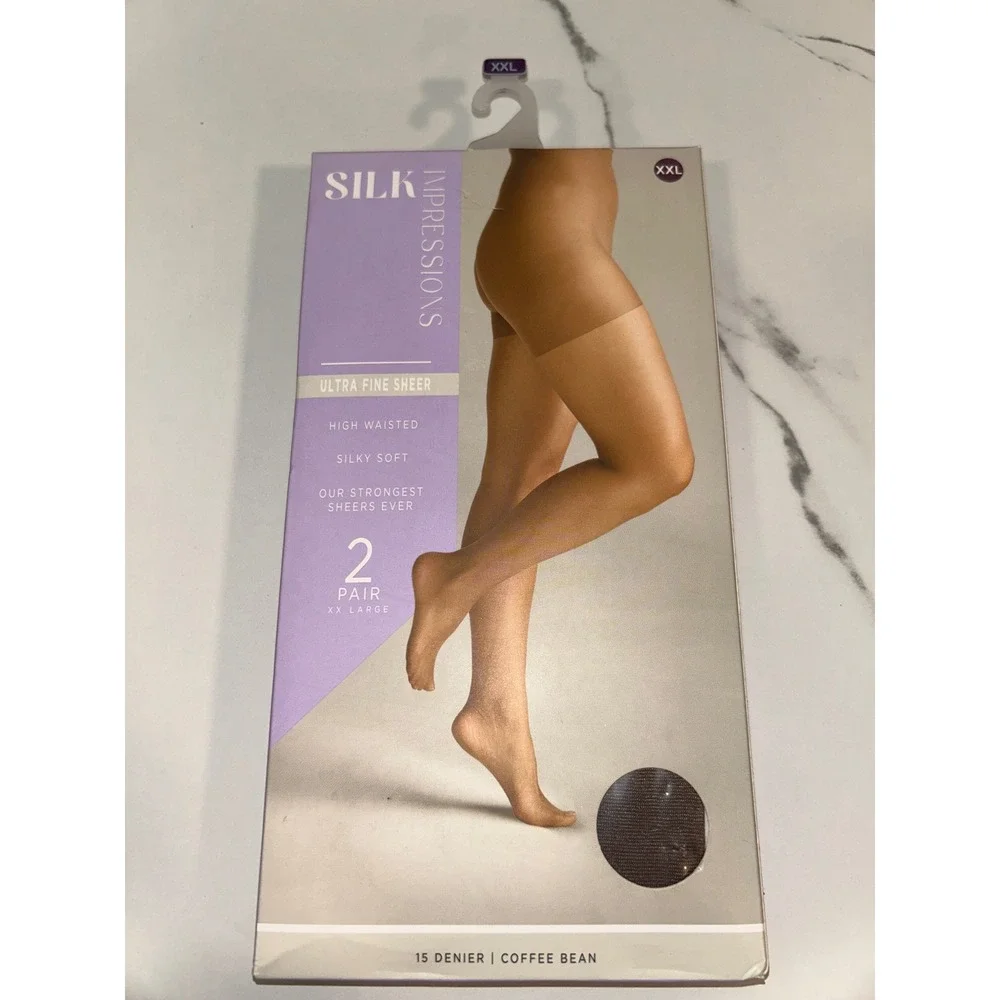 Silk Impressions Ultra Fine Sheer High Waisted Pantyhose Coffee Bean XXL 2 Pair